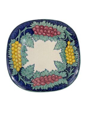 Hand-Painted 14" Square Ceramic Serving Plate With Grapes & Leaves Design